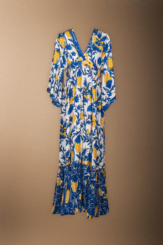 Vestido Parrot Crudo Flores Azules y Mostaza WESS