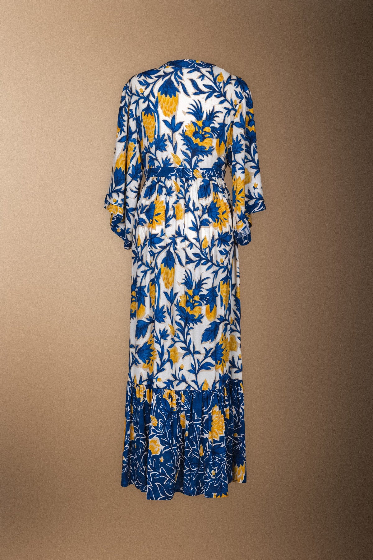 Vestido Parrot Crudo Flores Azules y Mostaza WESS