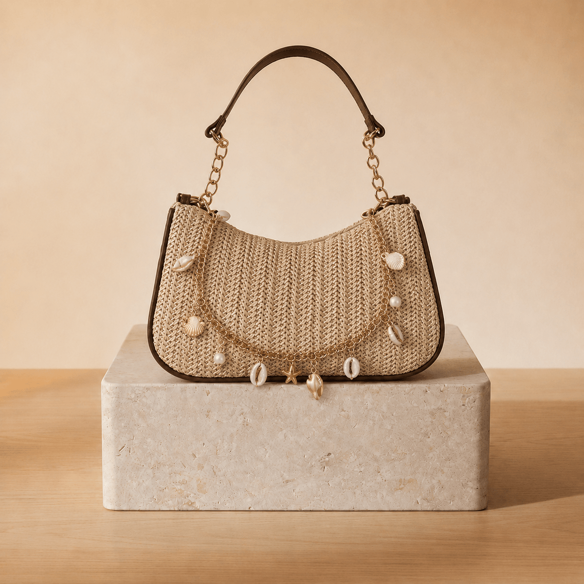Bolso Hobo de Rafia con Charms de Conchas y Perlas - WESS SPAIN