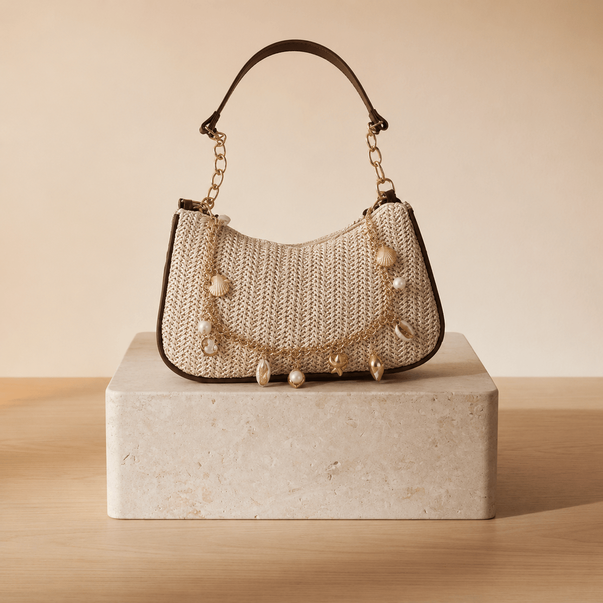 Bolso Hobo de Rafia con Charms de Conchas y Perlas - WESS SPAIN